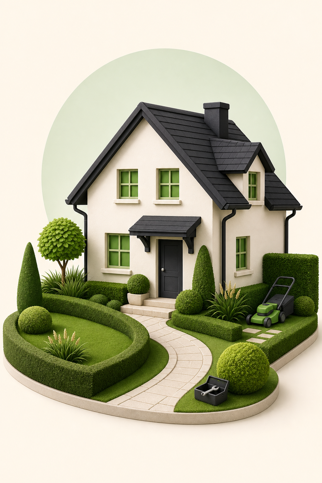 Modernes Haus mit gepflegtem Garten, Rasenmäher und Werkzeug